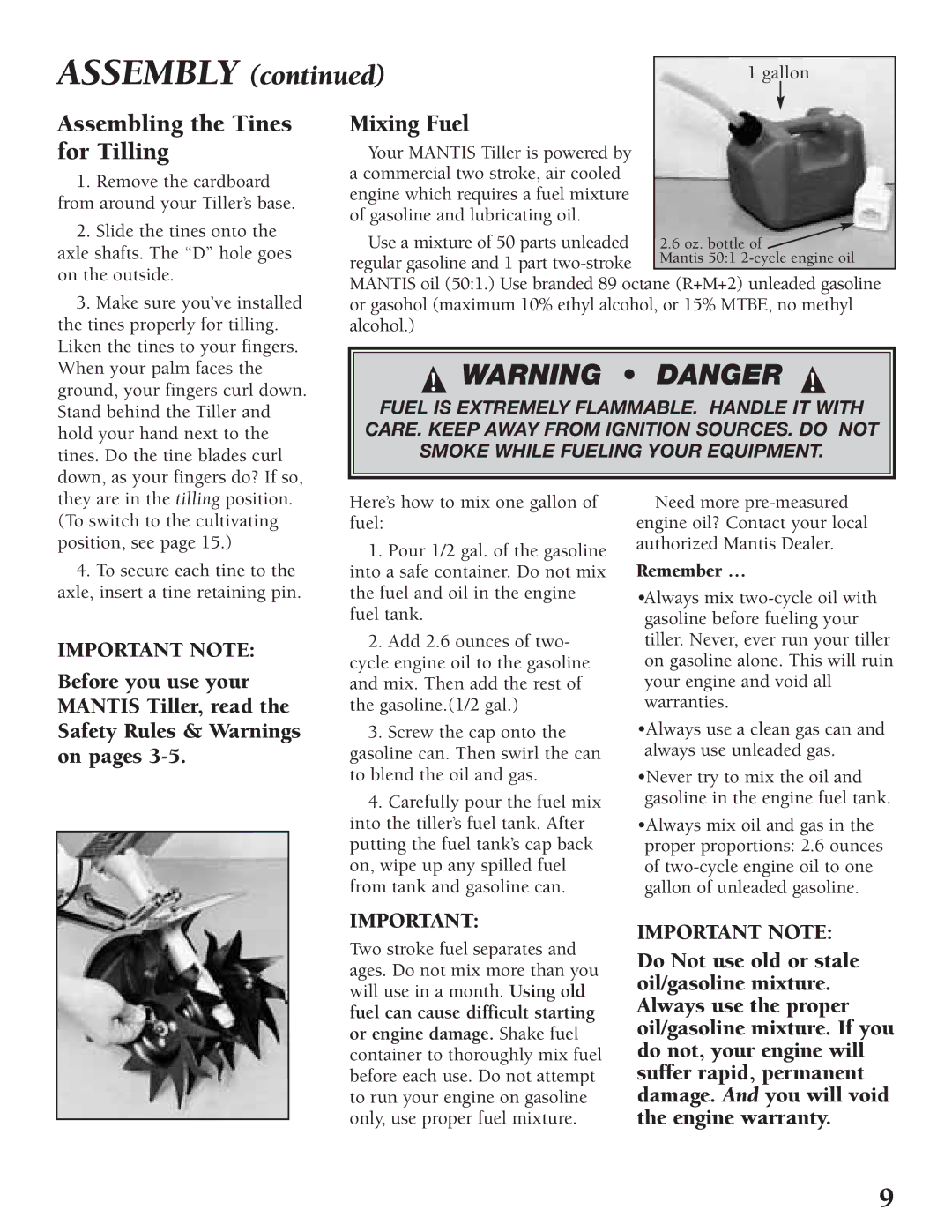 Little Wonder Tiller/Cultivator owner manual Assembling the Tines for Tilling, Mixing Fuel 