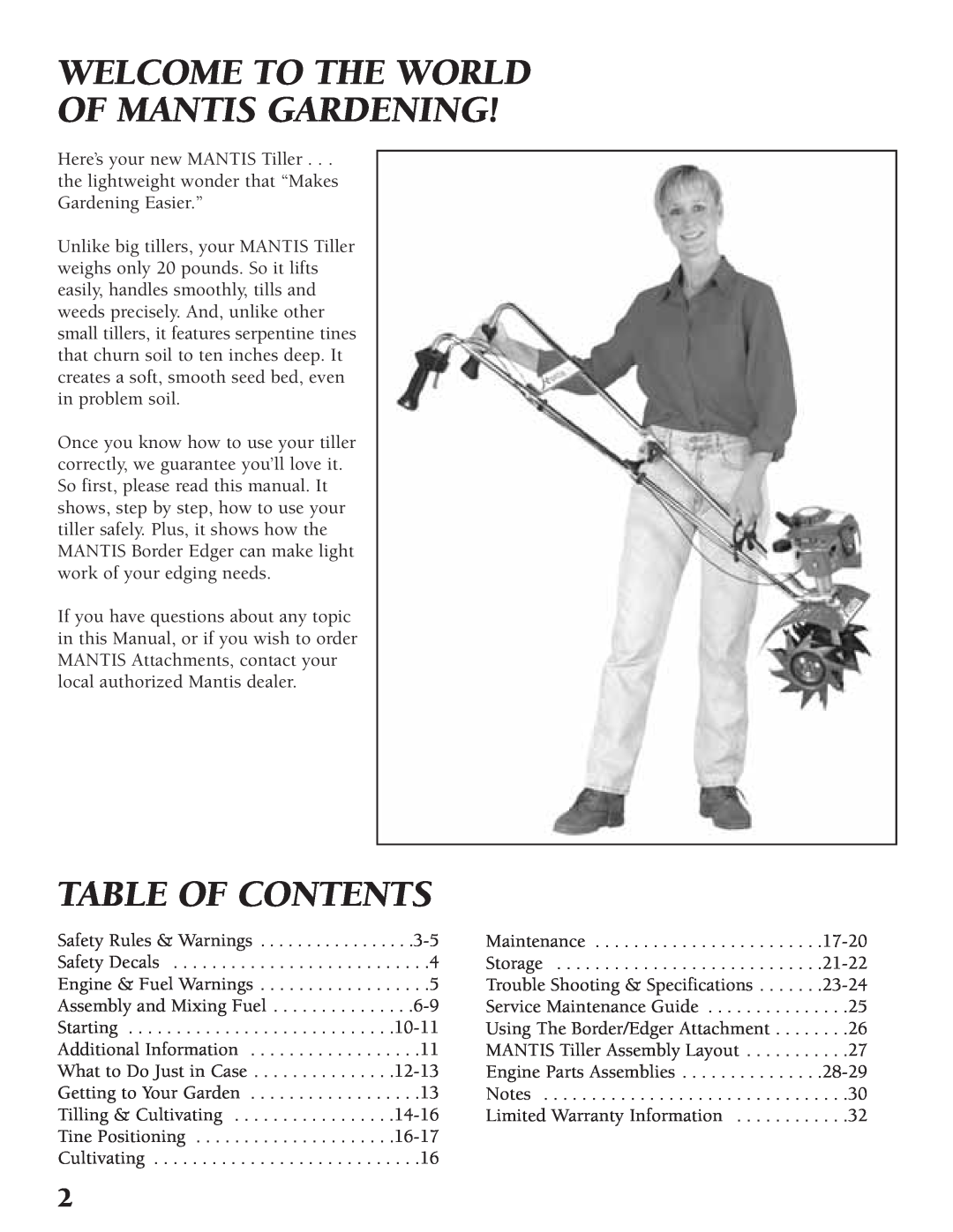 Little Wonder Tiller/Cultivator owner manual Welcome To The World Of Mantis Gardening, Table Of Contents 