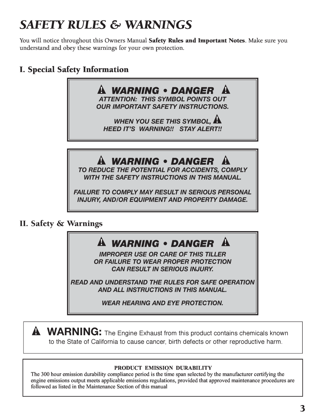 Little Wonder Tiller/Cultivator owner manual Safety Rules & Warnings, Warning • Danger, I. Special Safety Information 