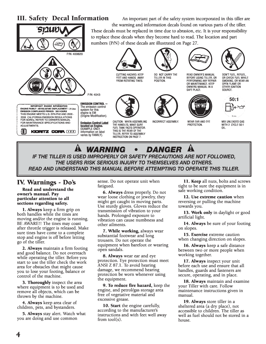 Little Wonder Tiller/Cultivator owner manual IV. Warnings - Do’s, Warning • Danger 