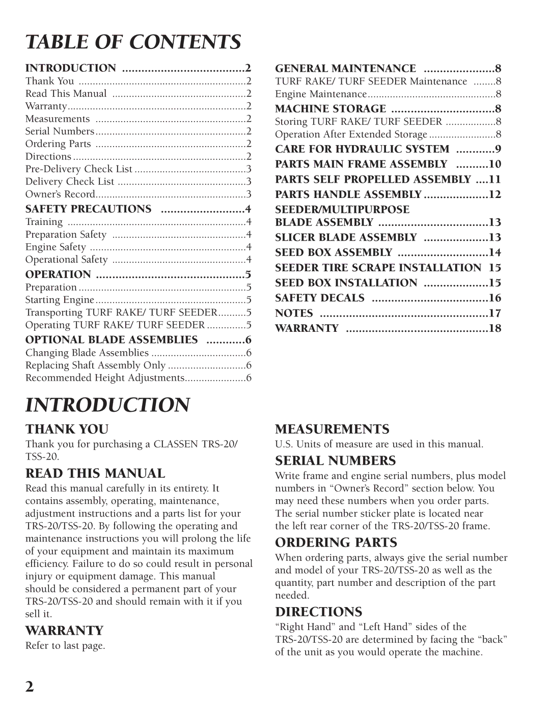 Little Wonder TRS-20, TSS-20 manual Table of Contents, Introduction 