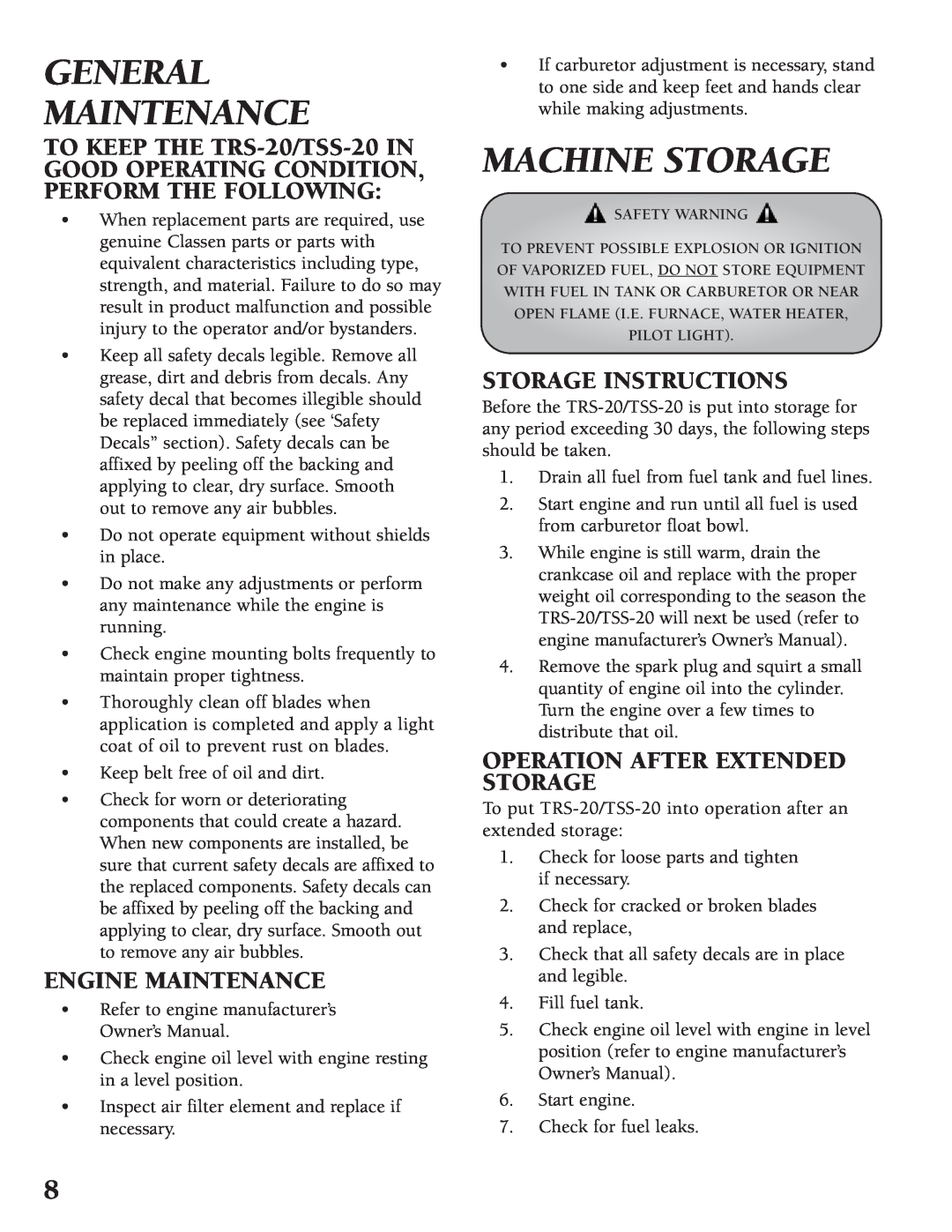 Little Wonder TRS-20, TSS-20 manual General Maintenance, Machine Storage, Engine Maintenance, Storage Instructions 
