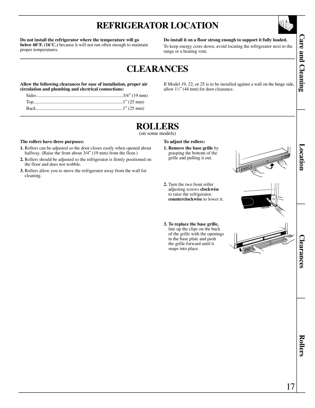 LivinBox Storage Products Co 22, 18, 21, 19, 25 Refrigerator Location, Care and Cleaning, Location Clearances Rollers 