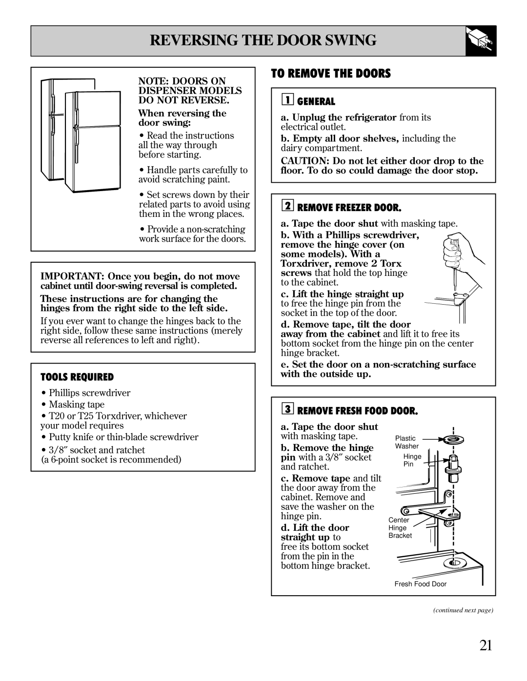 LivinBox Storage Products Co 25, 18, 21, 19, 24, 22 Reversing the Door Swing, Tools Required, General, Remove Freezer Door 