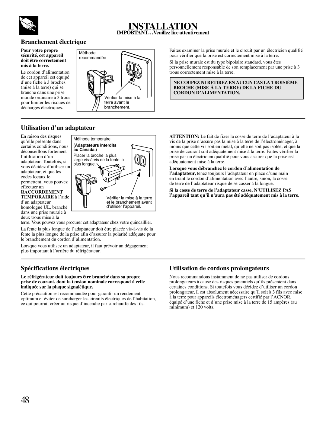 LivinBox Storage Products Co 18, 21, 19, 25, 24, 22 warranty Installation, Branchement électrique, Utilisation d’un adaptateur 