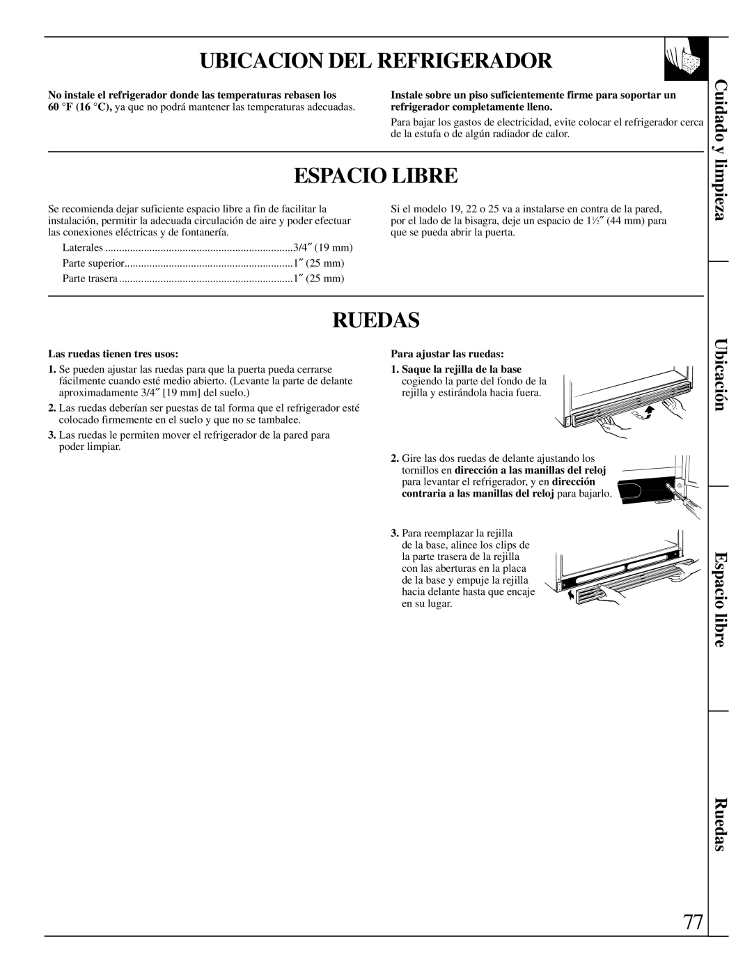 LivinBox Storage Products Co 22, 18, 21, 19, 25, 24 Ubicacion DEL Refrigerador, Espacio Libre, Ruedas, Cuidado y limpieza 