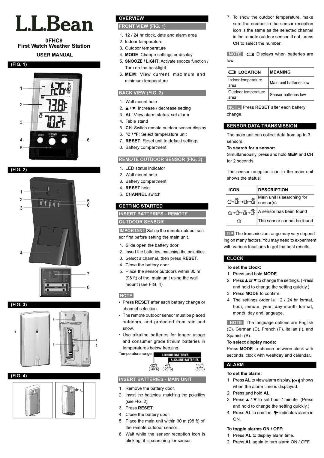 L.L. Bean 0FHC9 user manual Overview Front View FIG, Back View FIG, Remote Outdoor Sensor FIG, Insert Batteries Main Unit 