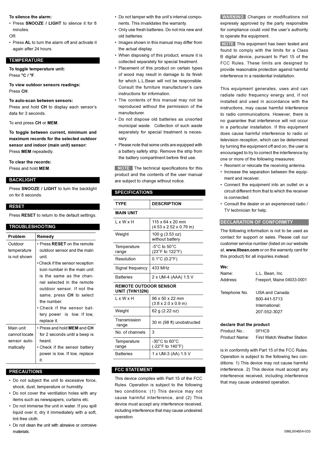 L.L. Bean 0FHC9 user manual Temperature, Backlight, Reset, Troubleshooting, Precautions, Specifications, FCC Statement 