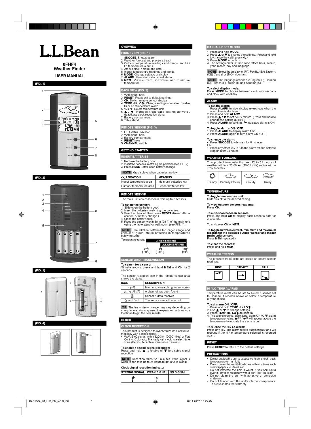 L.L. Bean 0FHF4 user manual Overview Front View FIG, Back View FIG, Remote Sensor FIG, Getting Started Insert Batteries 