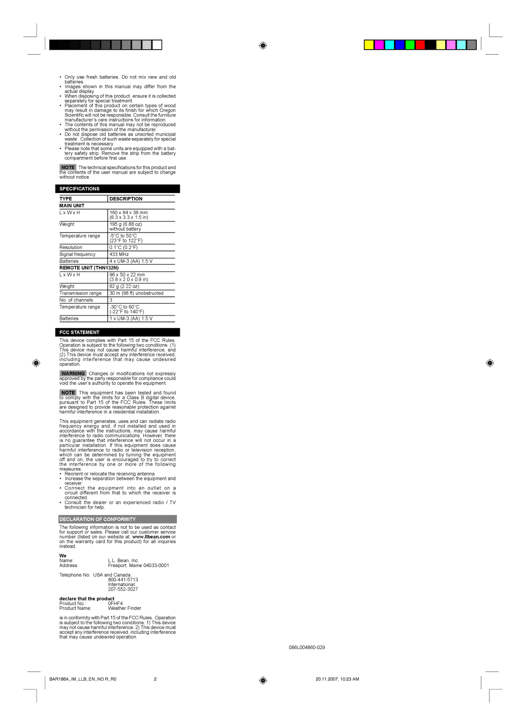 L.L. Bean 0FHF4 Specifications, Type Description Main Unit, Remote Unit THN132N, FCC Statement, Declaration of Conformity 