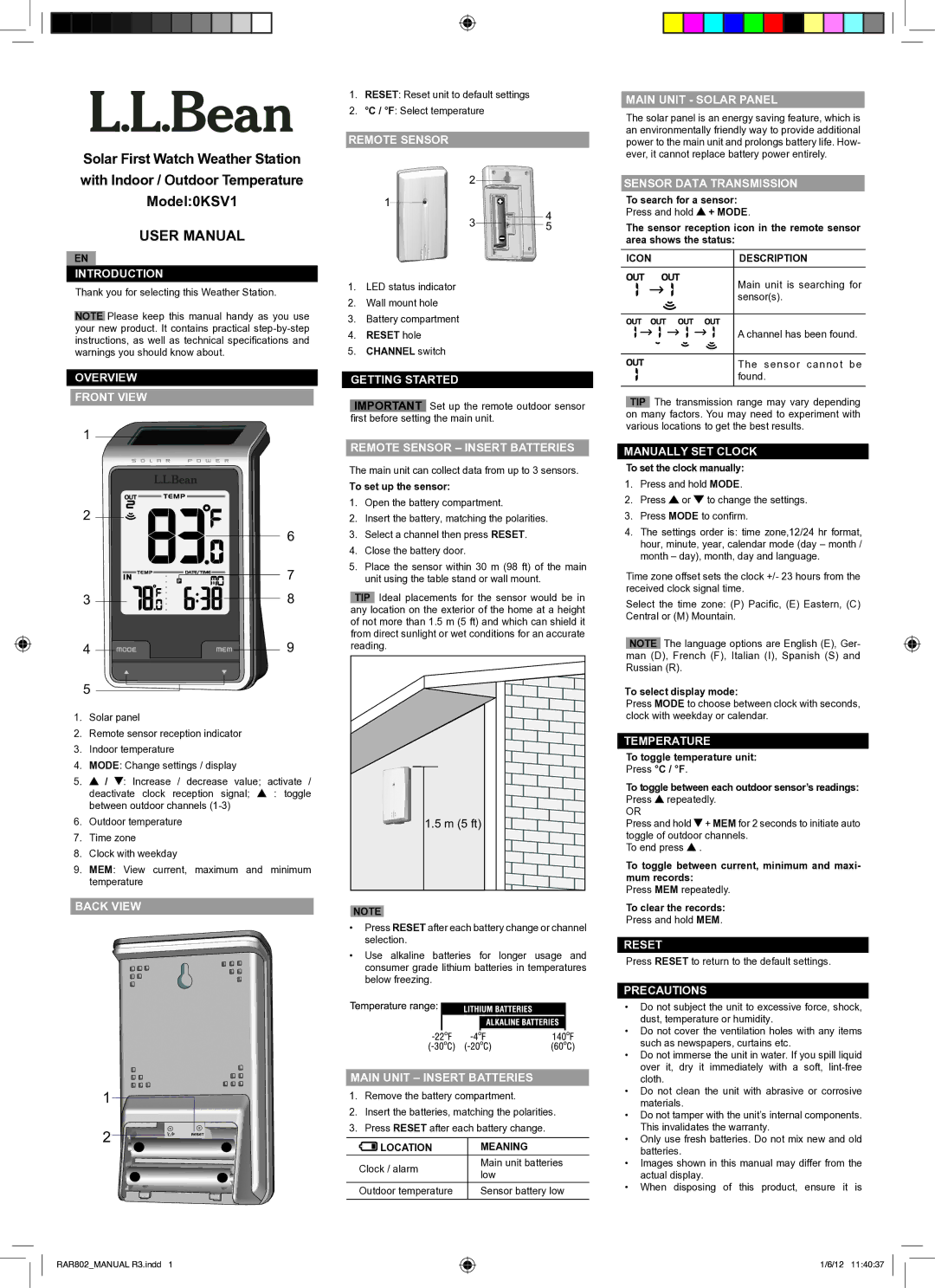 L.L. Bean OKSV1 user manual Introduction, Overview Front View, Back View, Remote Sensor, Getting Started, Temperature 