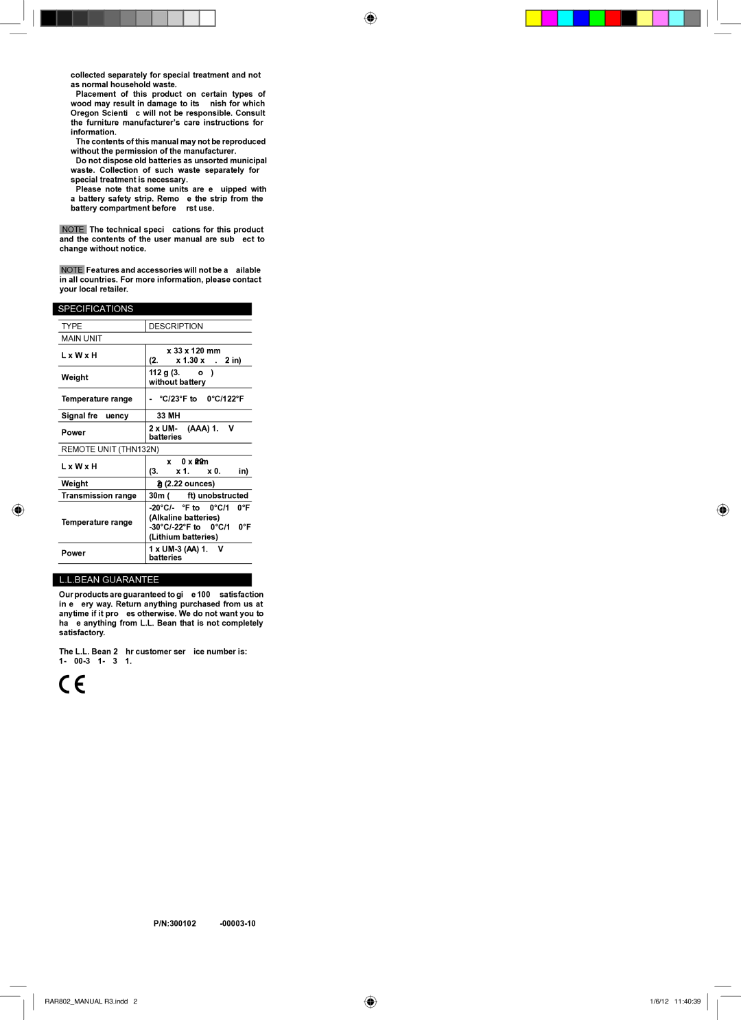 L.L. Bean OKSV1 user manual Specifications, Bean Guarantee, Type Description Main Unit, Remote Unit THN132N 