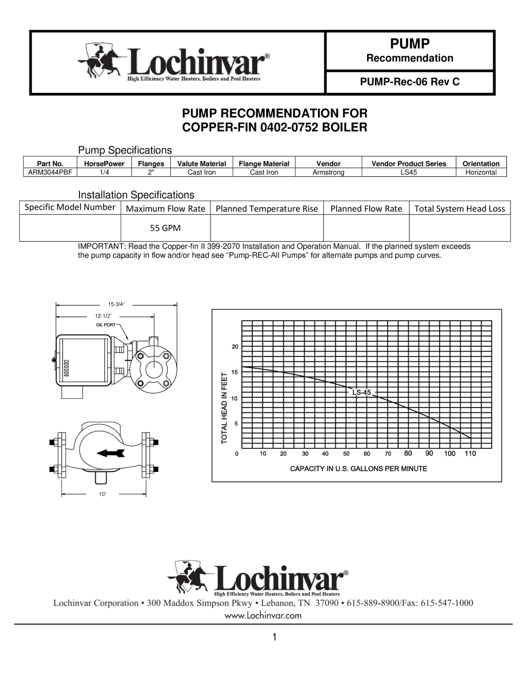 Lochinvar specifications Pump Recommendation for COPPER-FIN 0402-0752 Boiler, Pump Specifications 