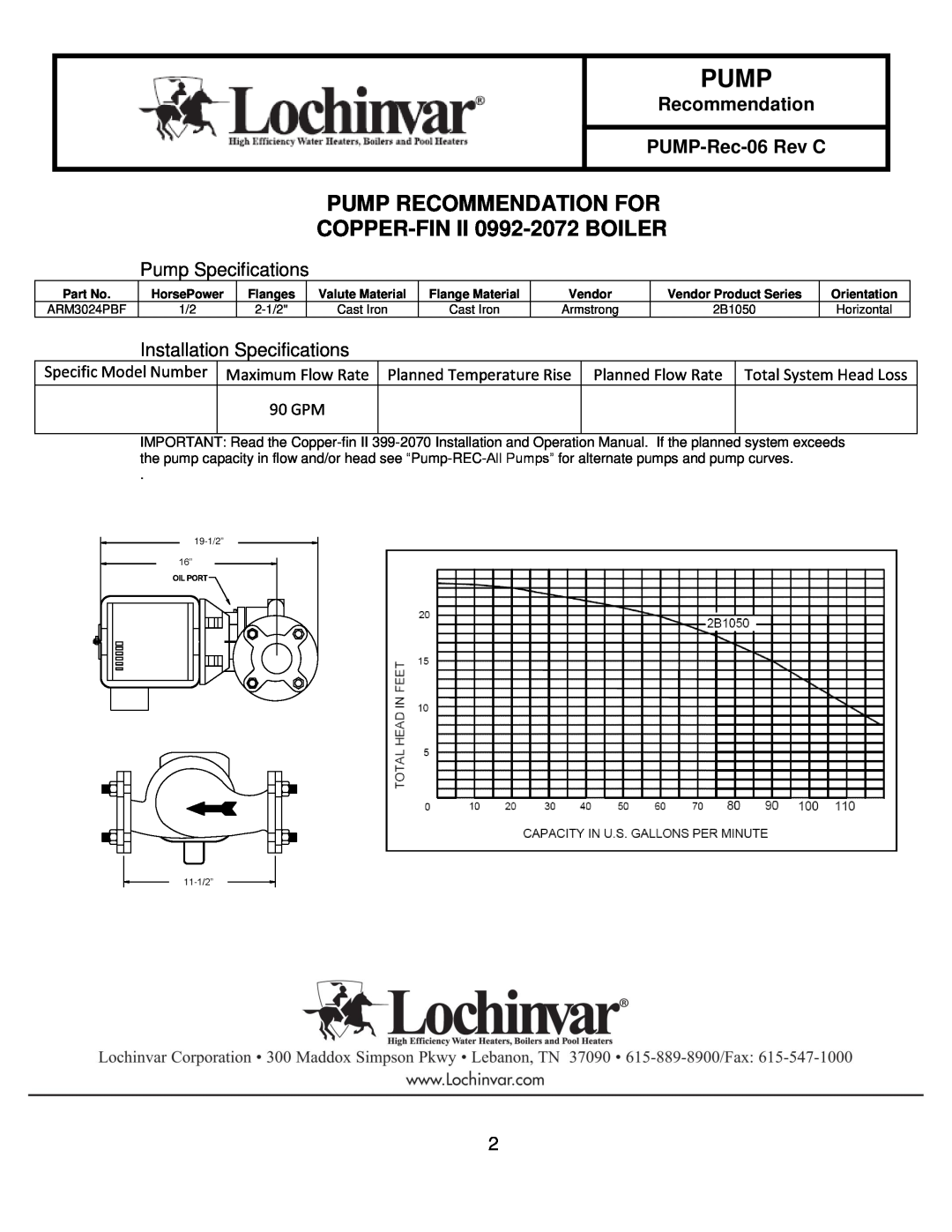 Lochinvar 0402-0752 PUMP RECOMMENDATION FOR COPPER-FIN II 0992-2072 BOILER, 90 GPM, Pump, Recommendation PUMP-Rec-06 Rev C 