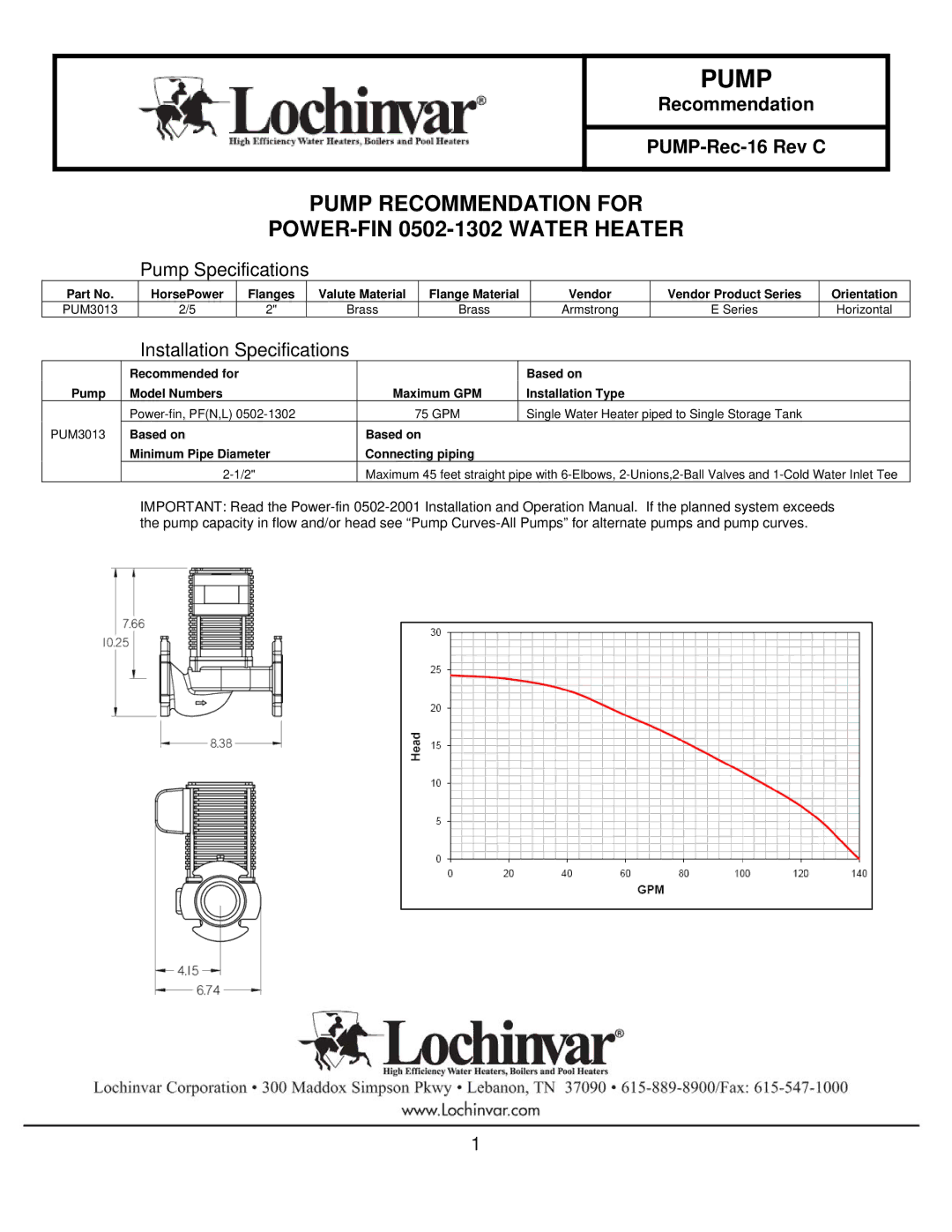 Lochinvar specifications Pump Recommendation for POWER-FIN 0502-1302 Water Heater, Pump Specifications 