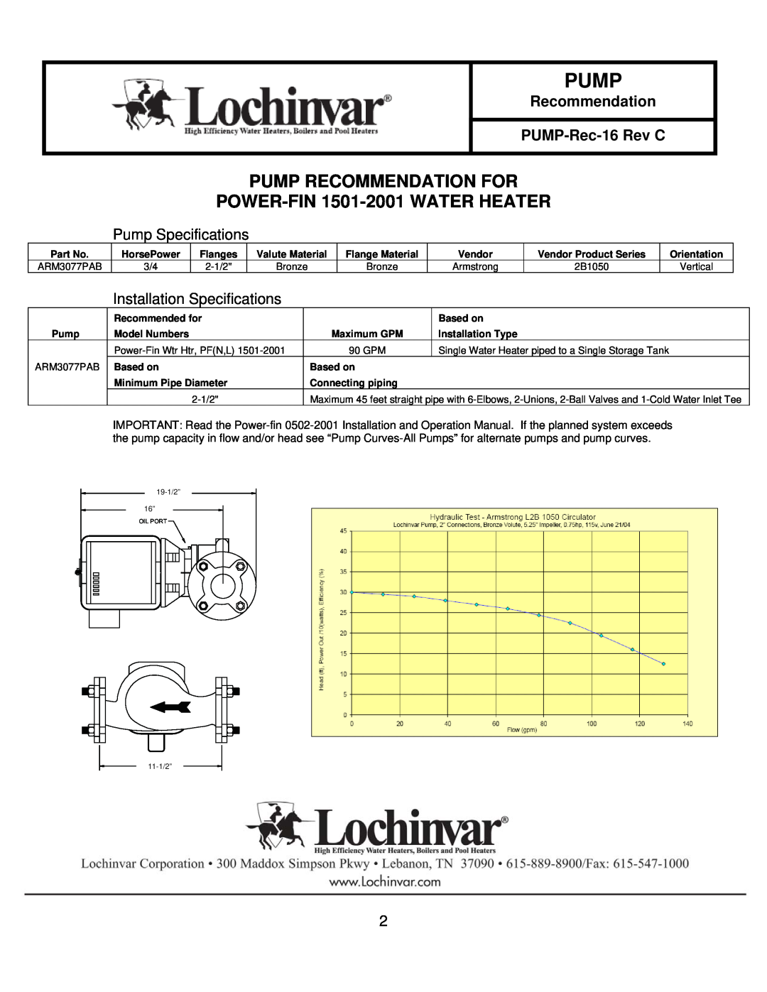 Lochinvar 0502-1302 POWER-FIN 1501-2001WATER HEATER, HorsePower, Recommended for, Pump Recommendation For, Based on 