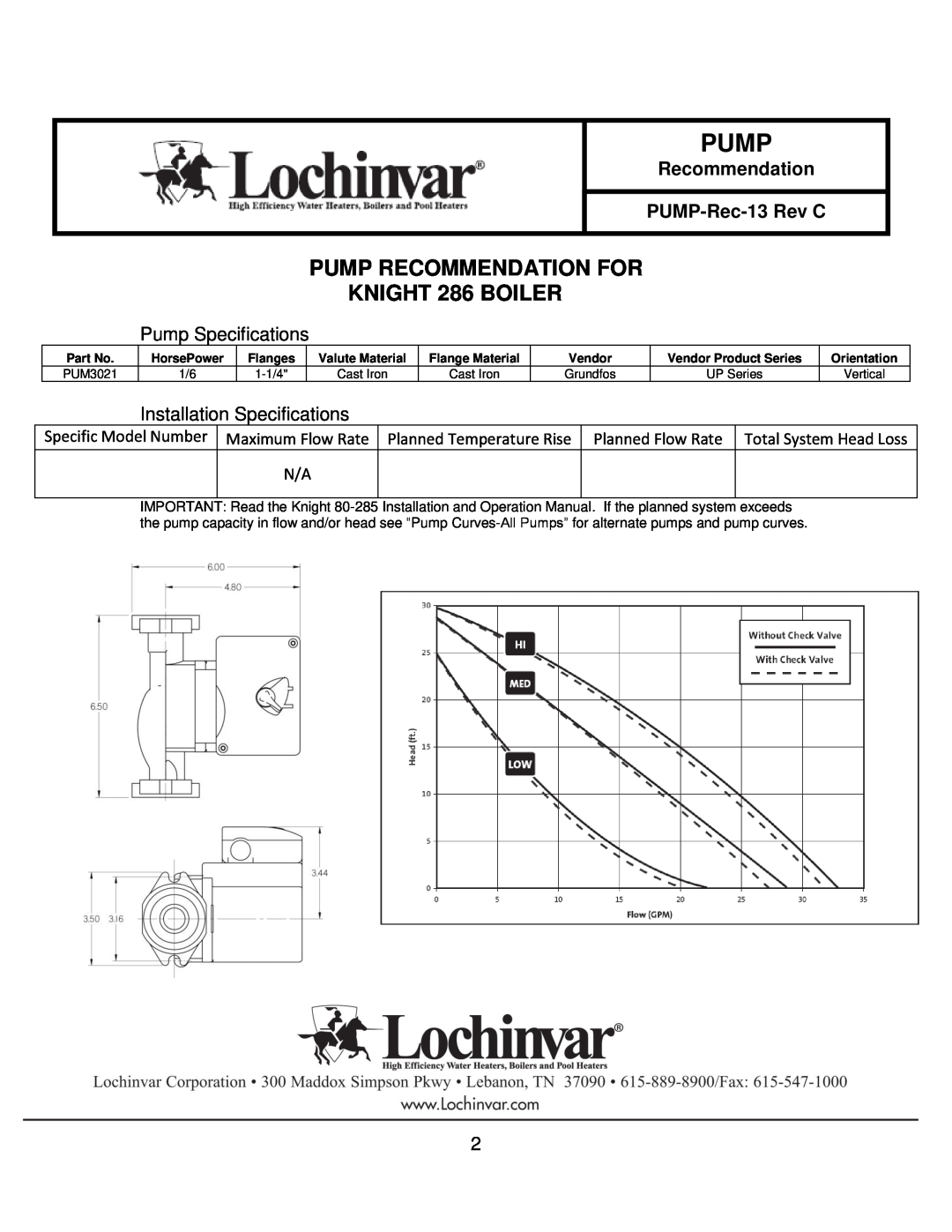 Lochinvar 051-211 PUMP RECOMMENDATION FOR KNIGHT 286 BOILER, Recommendation PUMP-Rec-13 Rev C, Pump Specifications 