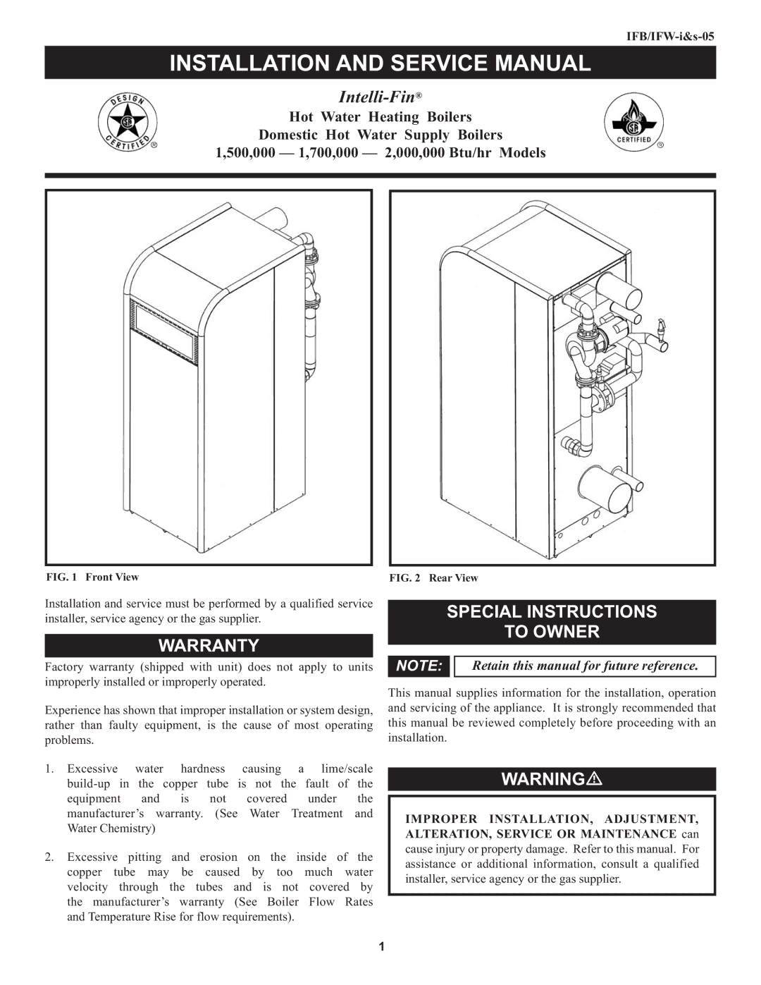 Lochinvar 000 through 2, 1 warranty Warranty, Special Instructions To Owner, IFB/IFW-i&s-05 