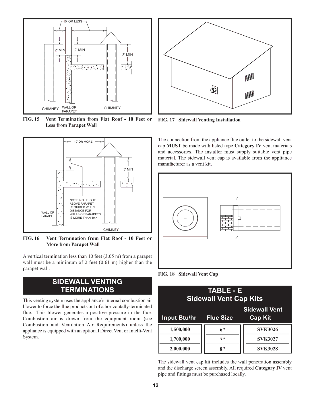 Lochinvar 1, 000 through 2 Sidewall Venting Terminations, Table E, Sidewall Vent Cap Kits, Input Btu/hr Flue Size Cap Kit 