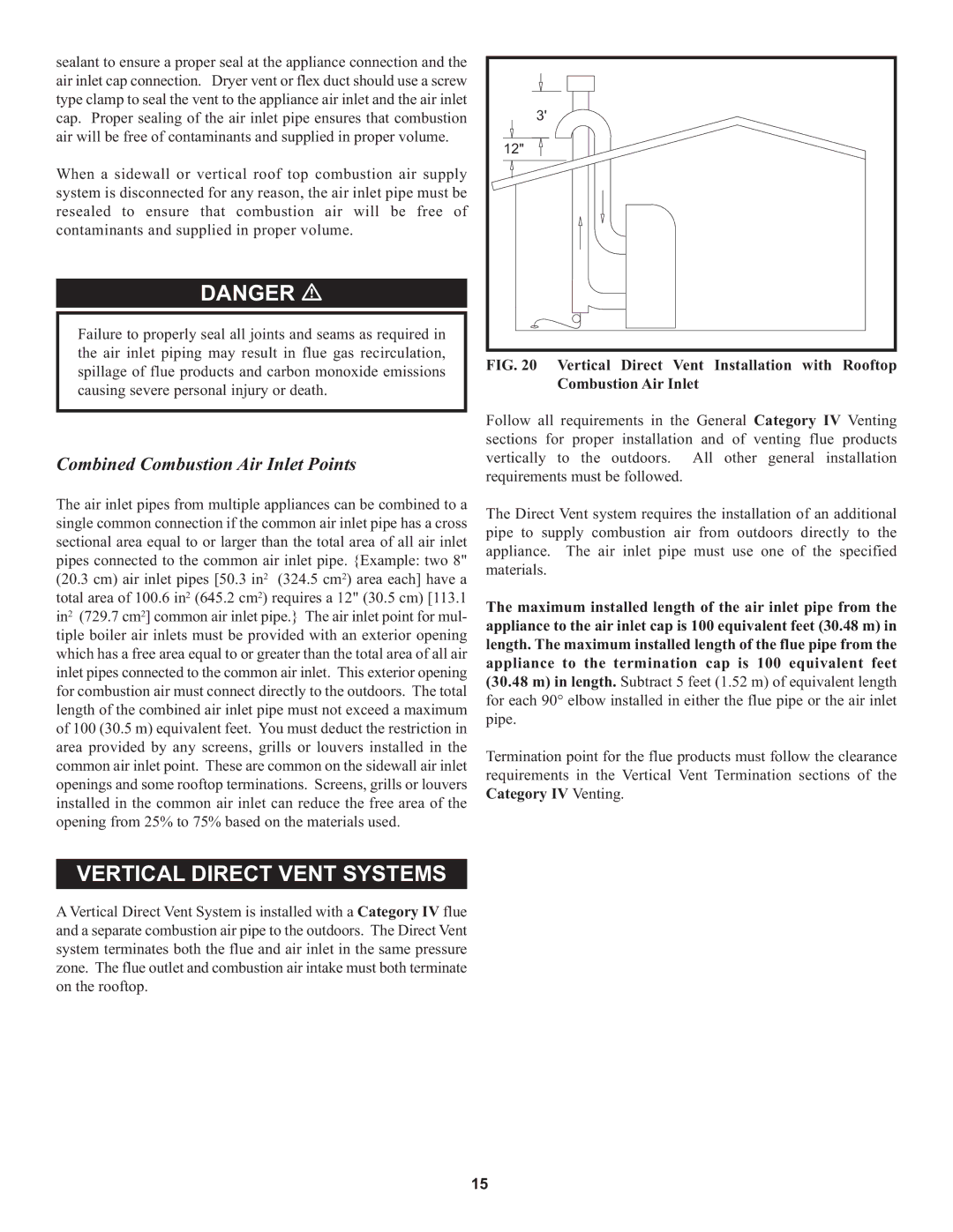 Lochinvar 1, 000 through 2 warranty Vertical Direct Vent Systems, Combined Combustion Air Inlet Points 