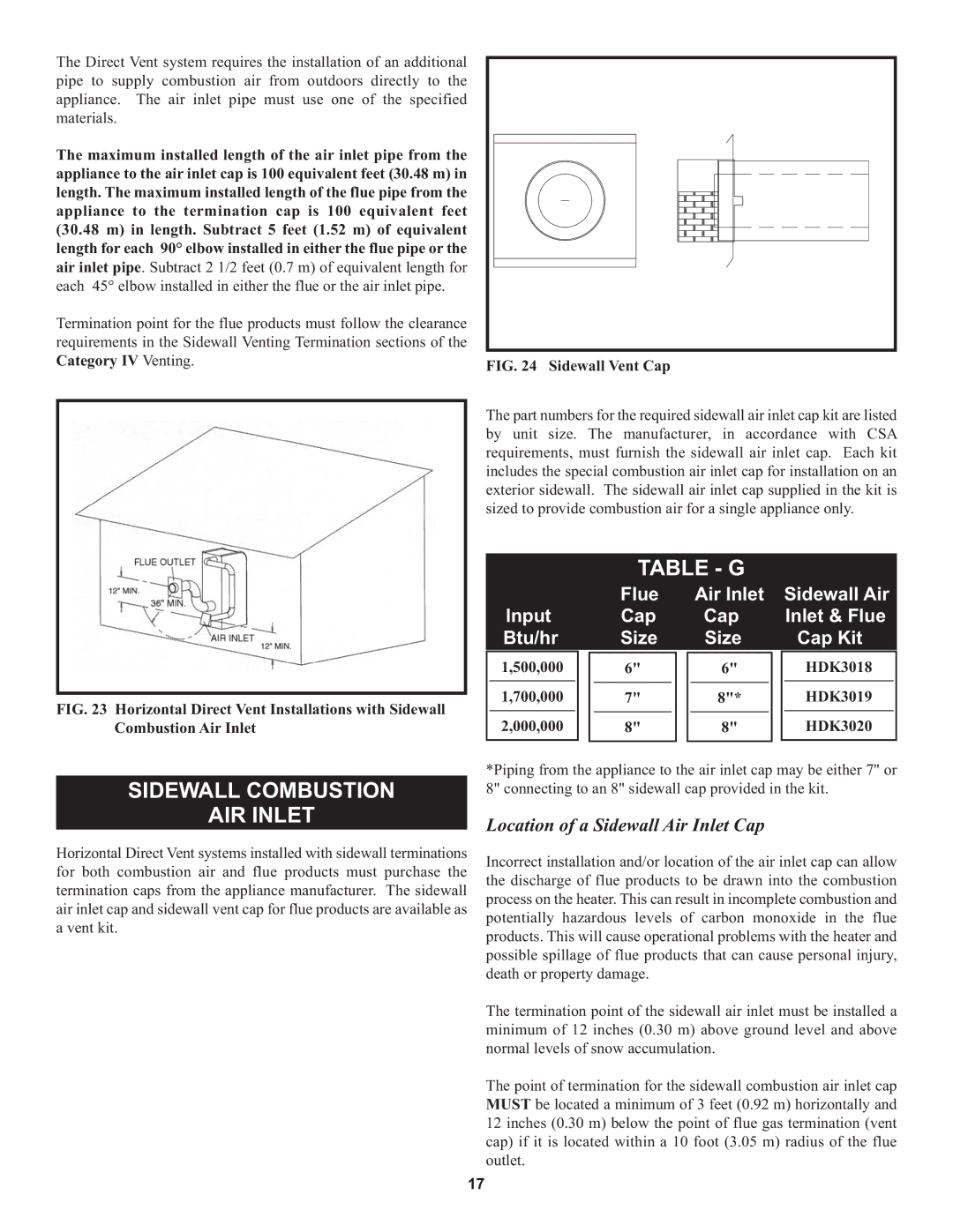 Lochinvar 1, 000 through 2 warranty Sidewall Combustion AIR Inlet, Table G, Location of a Sidewall Air Inlet Cap 