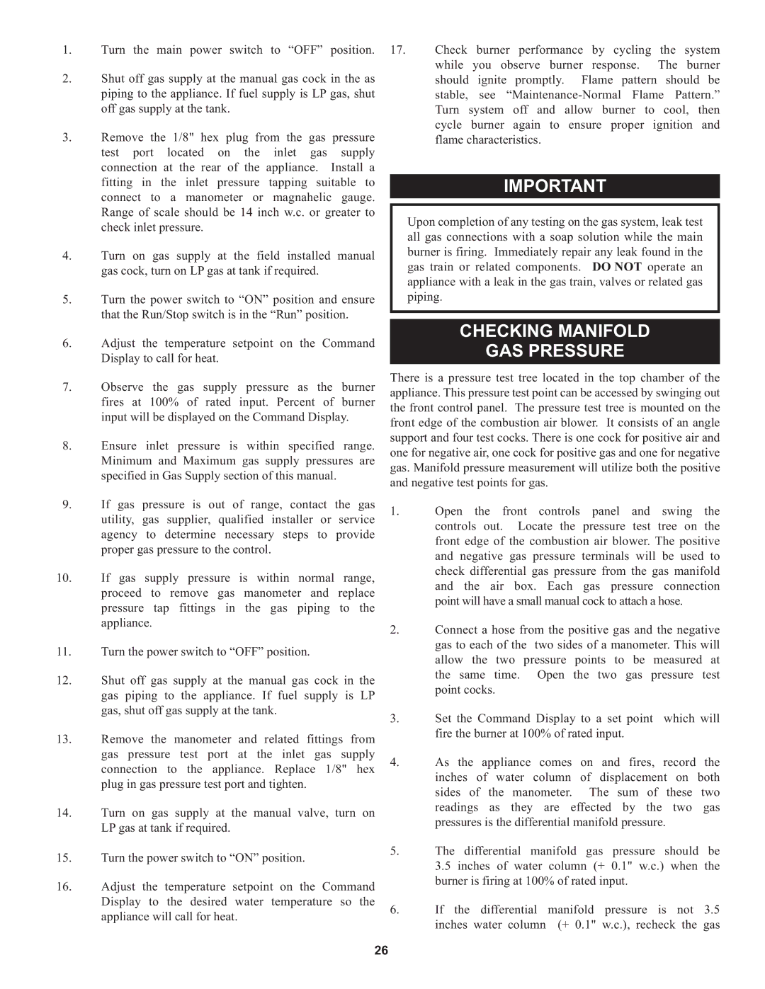 Lochinvar 1, 000 through 2 warranty Checking Manifold GAS Pressure 