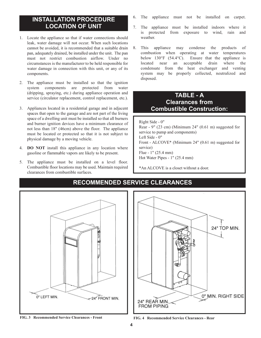 Lochinvar 000 through 2, 1 Installation Procedure Location of Unit, Table a, Clearances from Combustible Construction 