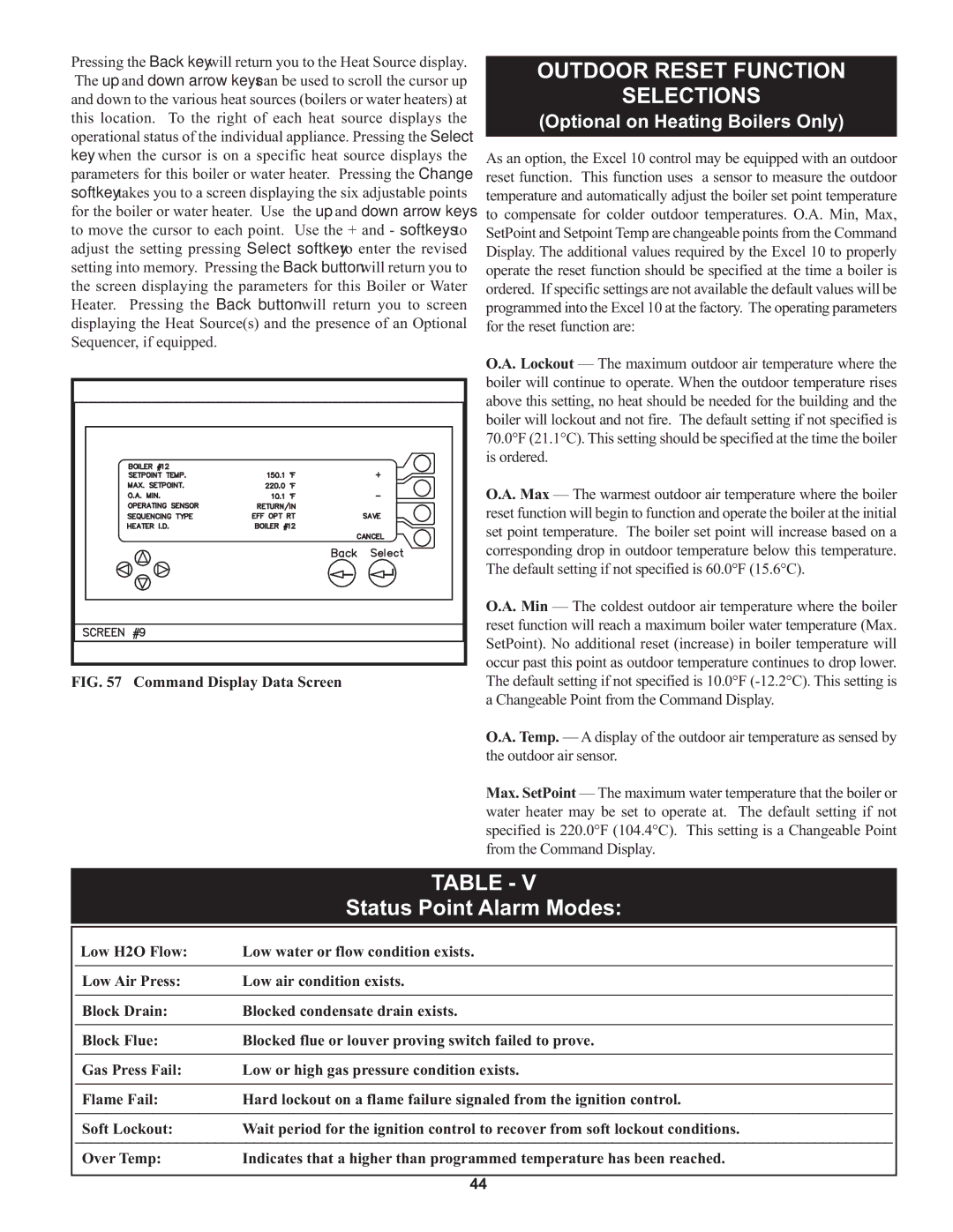 Lochinvar 1, 000 through 2 warranty Outdoor Reset Function Selections, Optional on Heating Boilers Only 