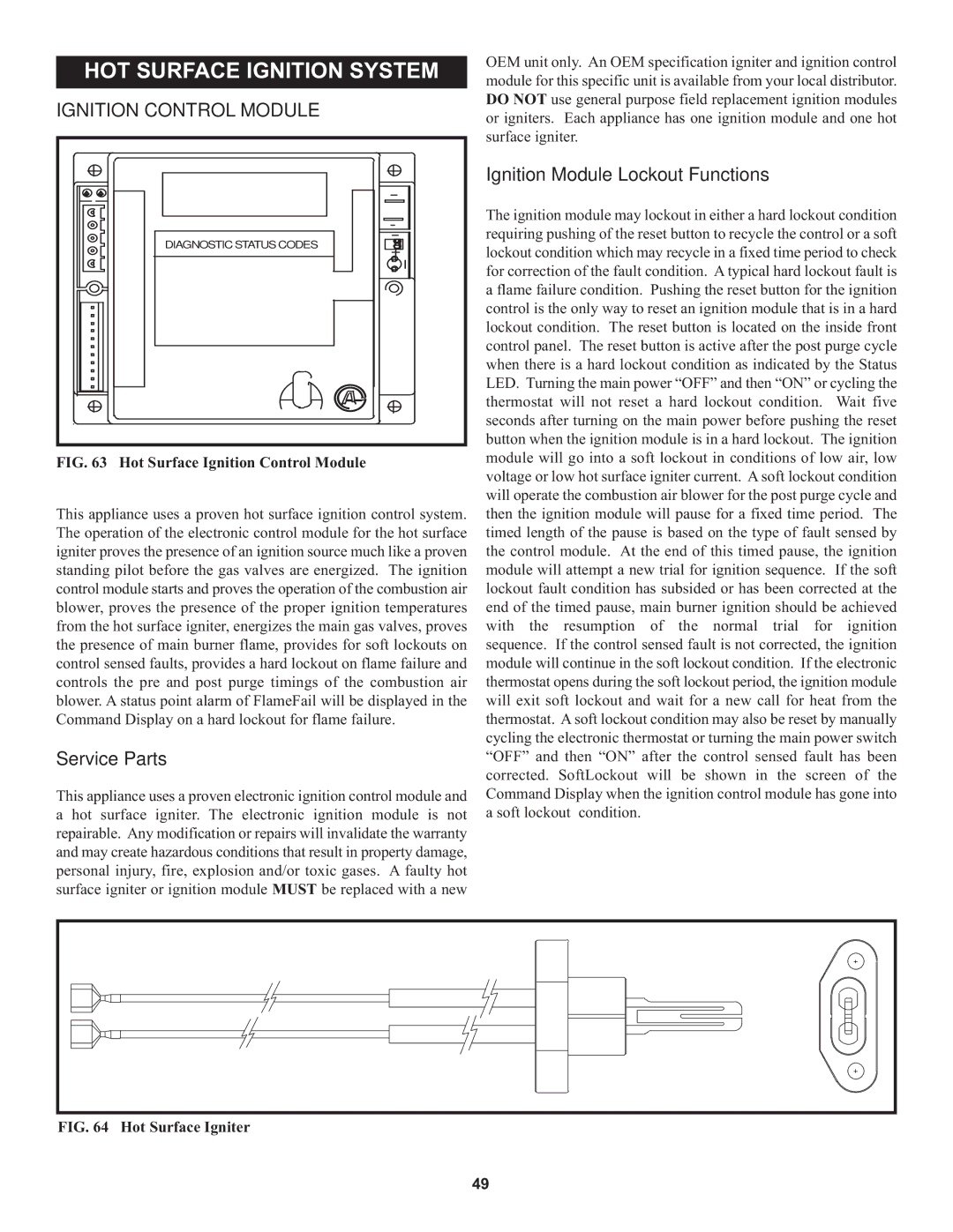 Lochinvar 000 through 2, 1 warranty HOT Surface Ignition System, Service Parts, Ignition Module Lockout Functions 