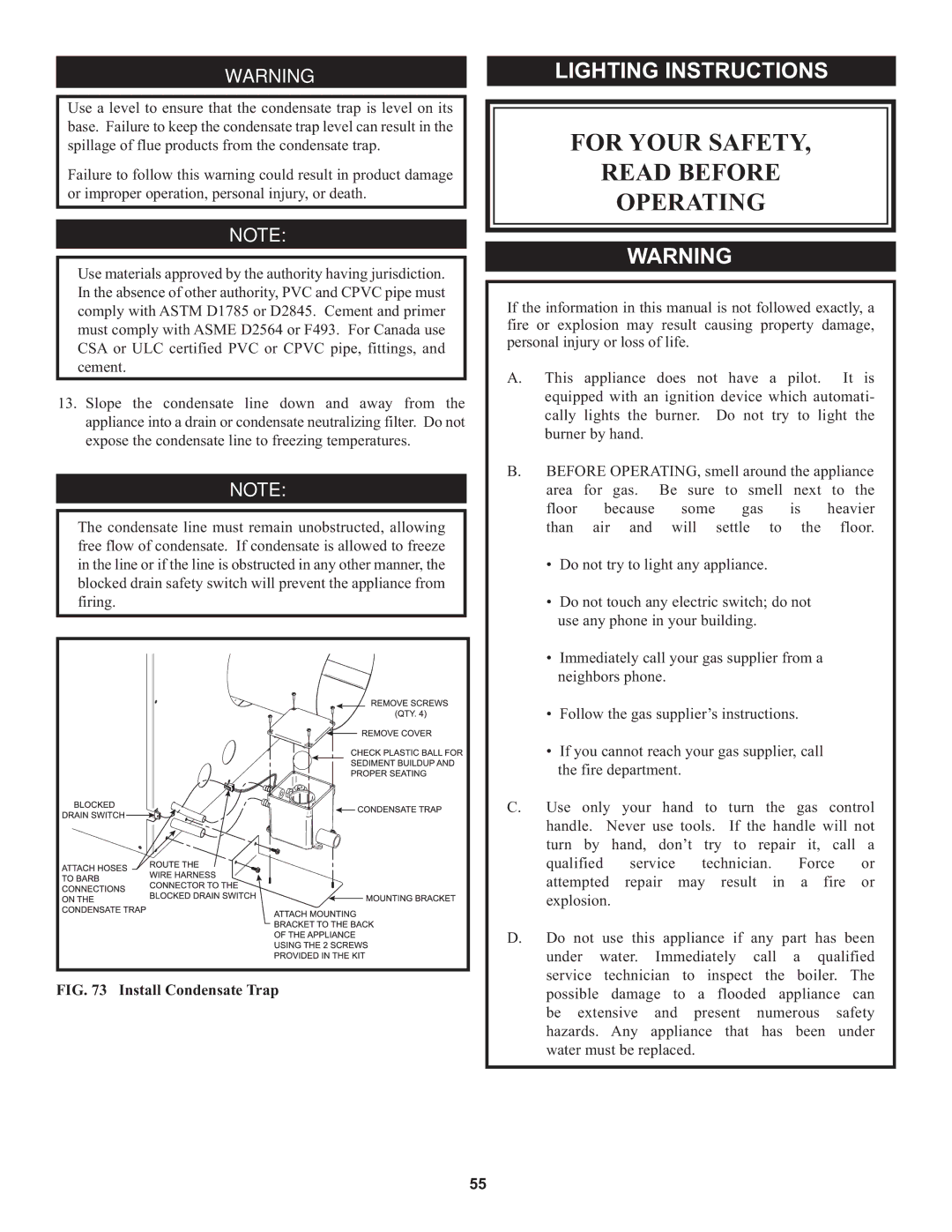 Lochinvar 000 through 2, 1 warranty Lighting Instructions, Install Condensate Trap 