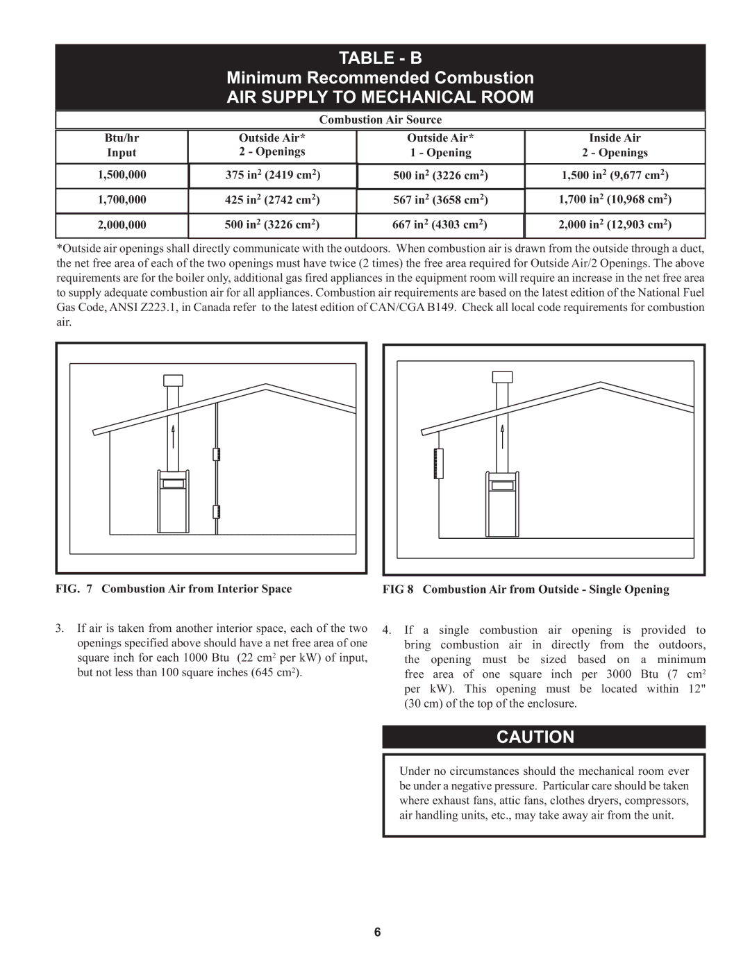 Lochinvar 1, 000 through 2 warranty Table B, Minimum Recommended Combustion, AIR Supply to Mechanical Room 