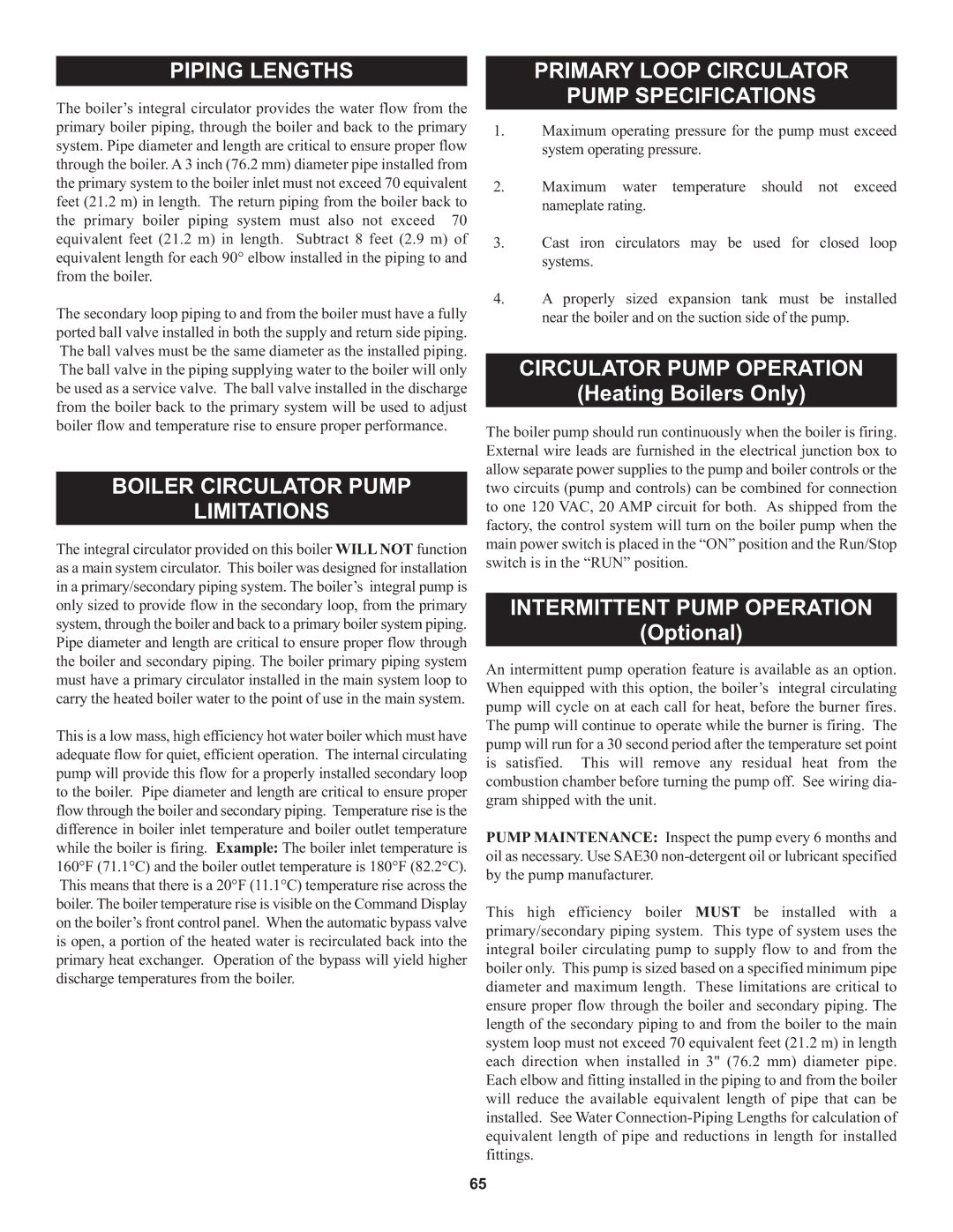 Lochinvar 000, 1 warranty Piping Lengths, Boiler Circulator Pump Limitations, Primary Loop Circulator Pump Specifications 