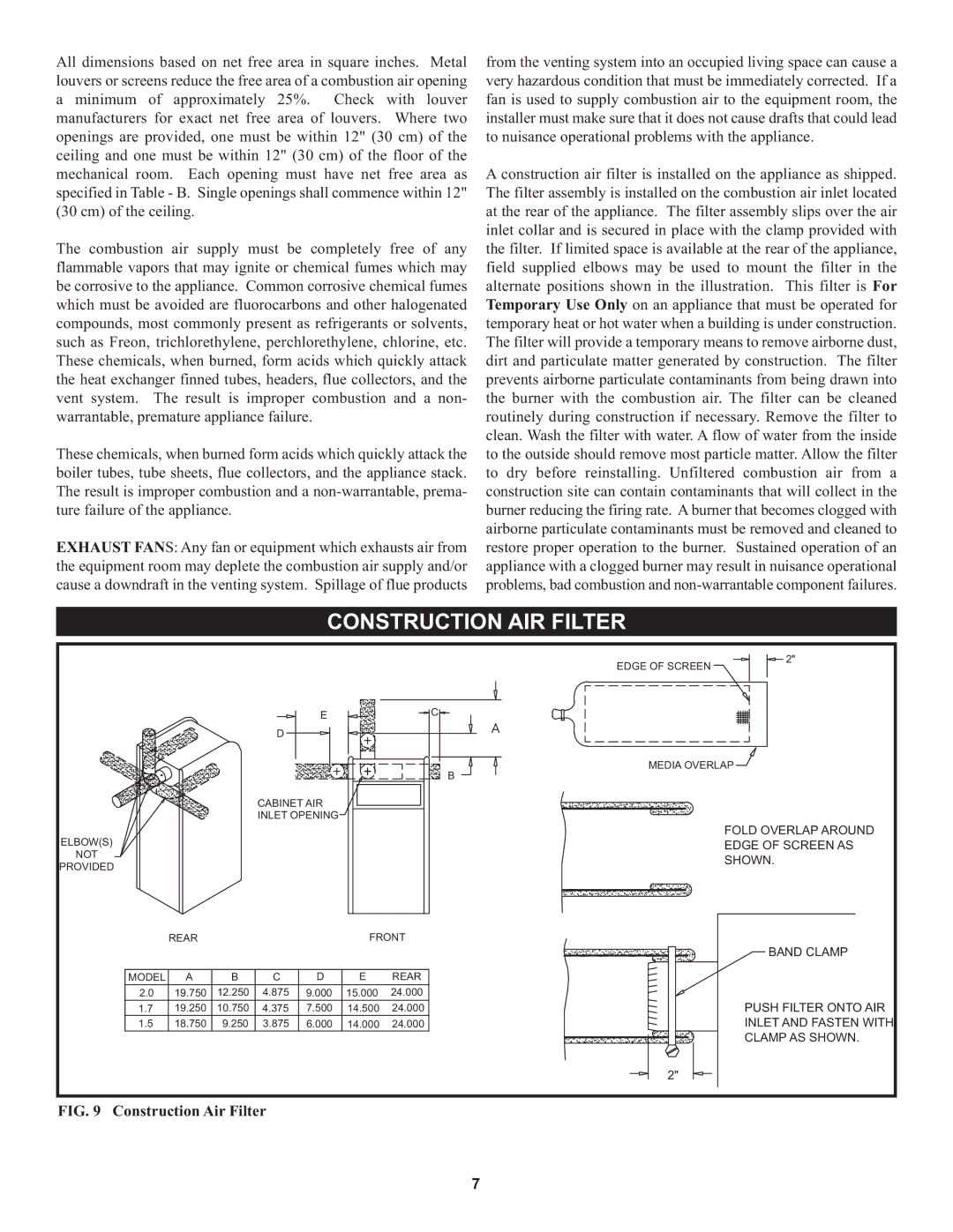 Lochinvar 000 through 2, 1 warranty Construction AIR Filter, Construction Air Filter 