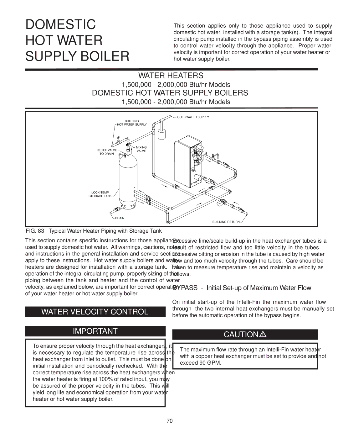 Lochinvar 000 through 2, 1 warranty Water Velocity Control, Typical Water Heater Piping with Storage Tank 