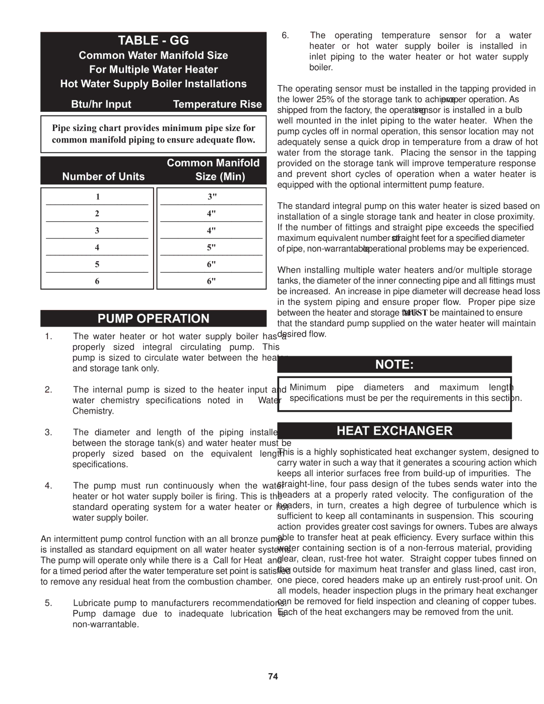 Lochinvar 1, 000 through 2 warranty Table GG, Pump Operation, Heat Exchanger, Common Manifold, Number of Units Size Min 