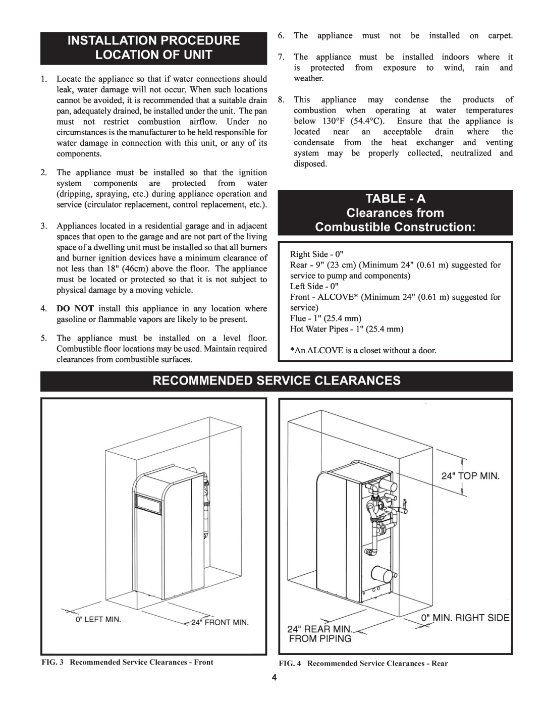 Lochinvar 000 through 2, 1 Installation Procedure Location Of Unit, TABLE - A Clearances from, Combustible Construction 