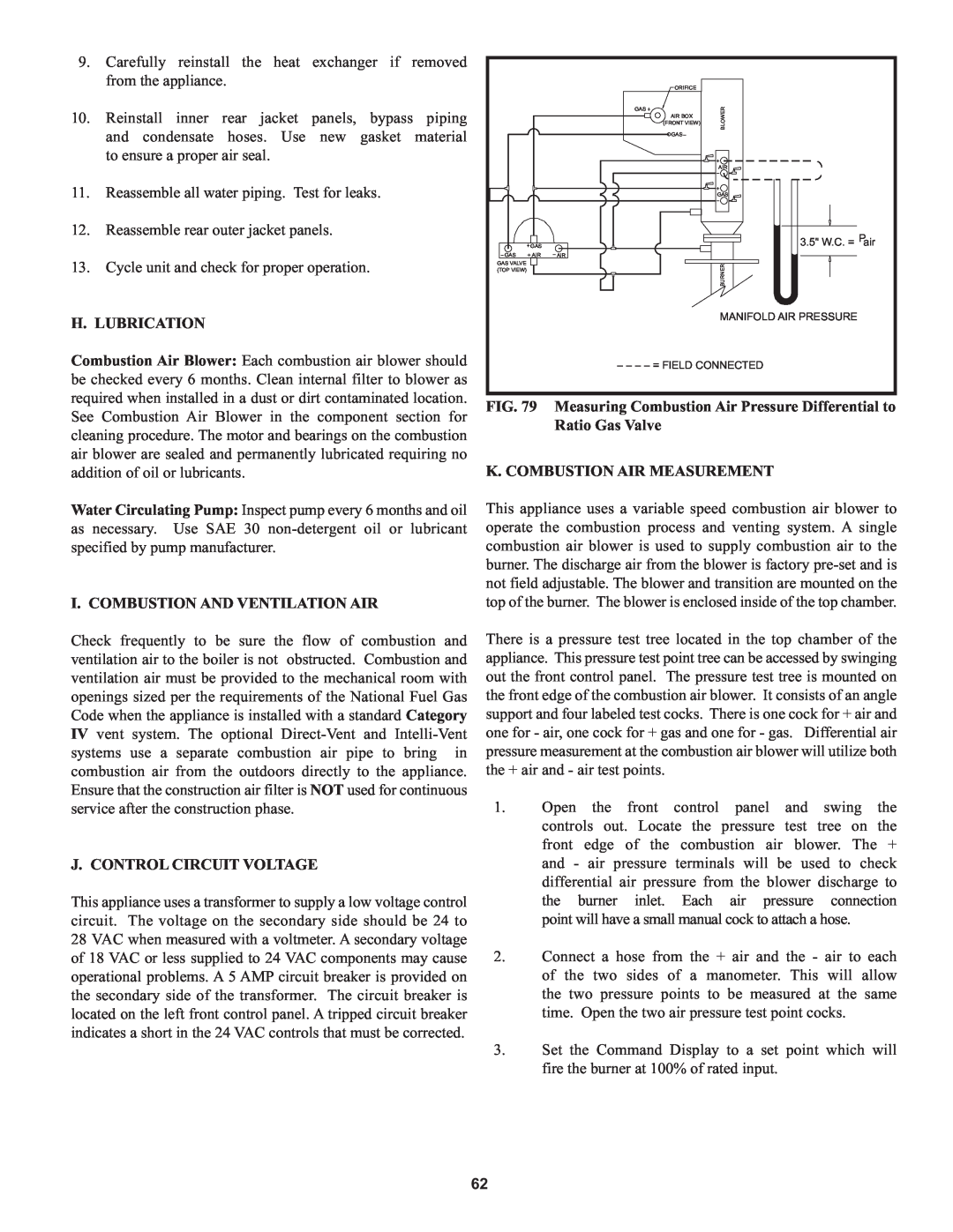 Lochinvar 000 H. Lubrication, I. Combustion And Ventilation Air, J. Control Circuit Voltage, K. Combustion Air Measurement 