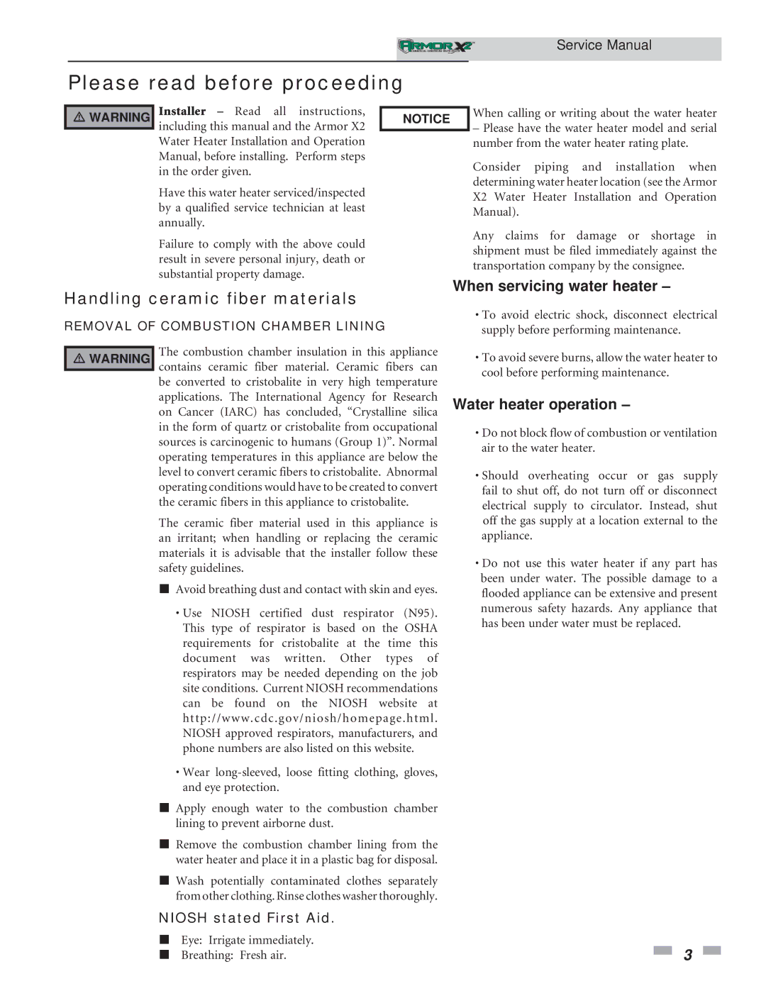 Lochinvar 1.3, 1.5 service manual Handling ceramic fiber materials, Niosh stated First Aid 