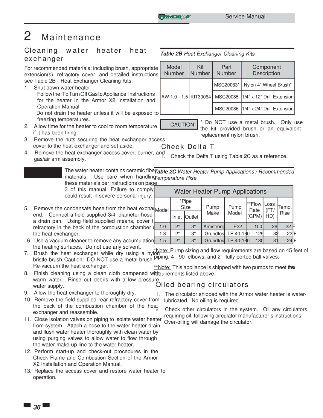 Lochinvar 1.3, 1.5 service manual Cleaning water heater heat exchanger, Check Delta T, Oiled bearing circulators 