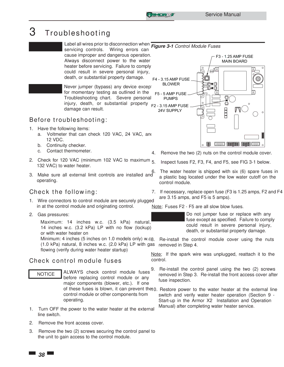 Lochinvar 1.5, 1.3 service manual Before troubleshooting, Check the following, Check control module fuses 