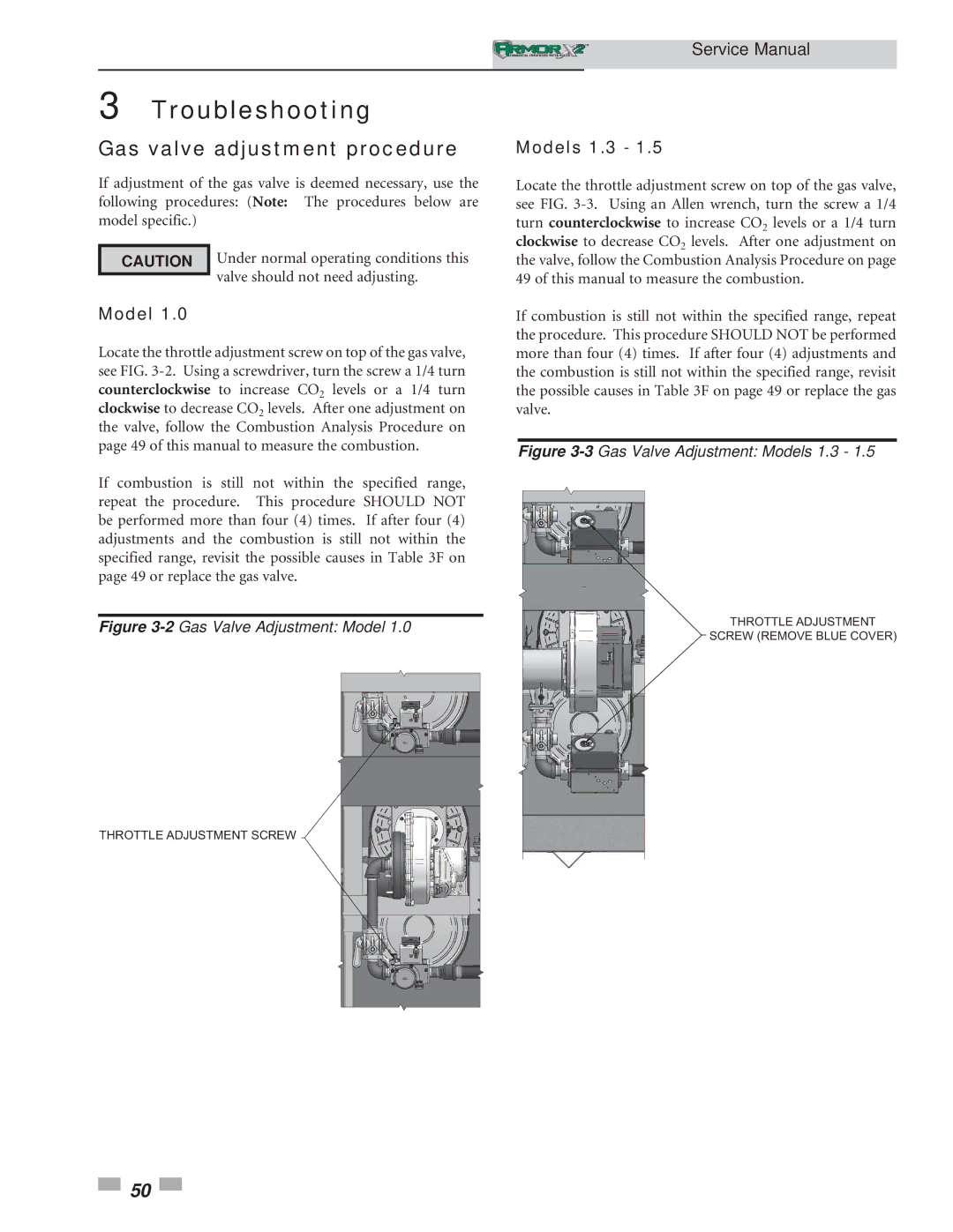 Lochinvar 1.5 service manual Gas valve adjustment procedure, Models 1.3 