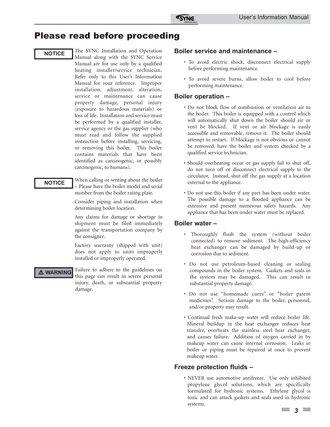 Lochinvar 1.3, 1.5 manual Please read before proceeding, Boiler service and maintenance 