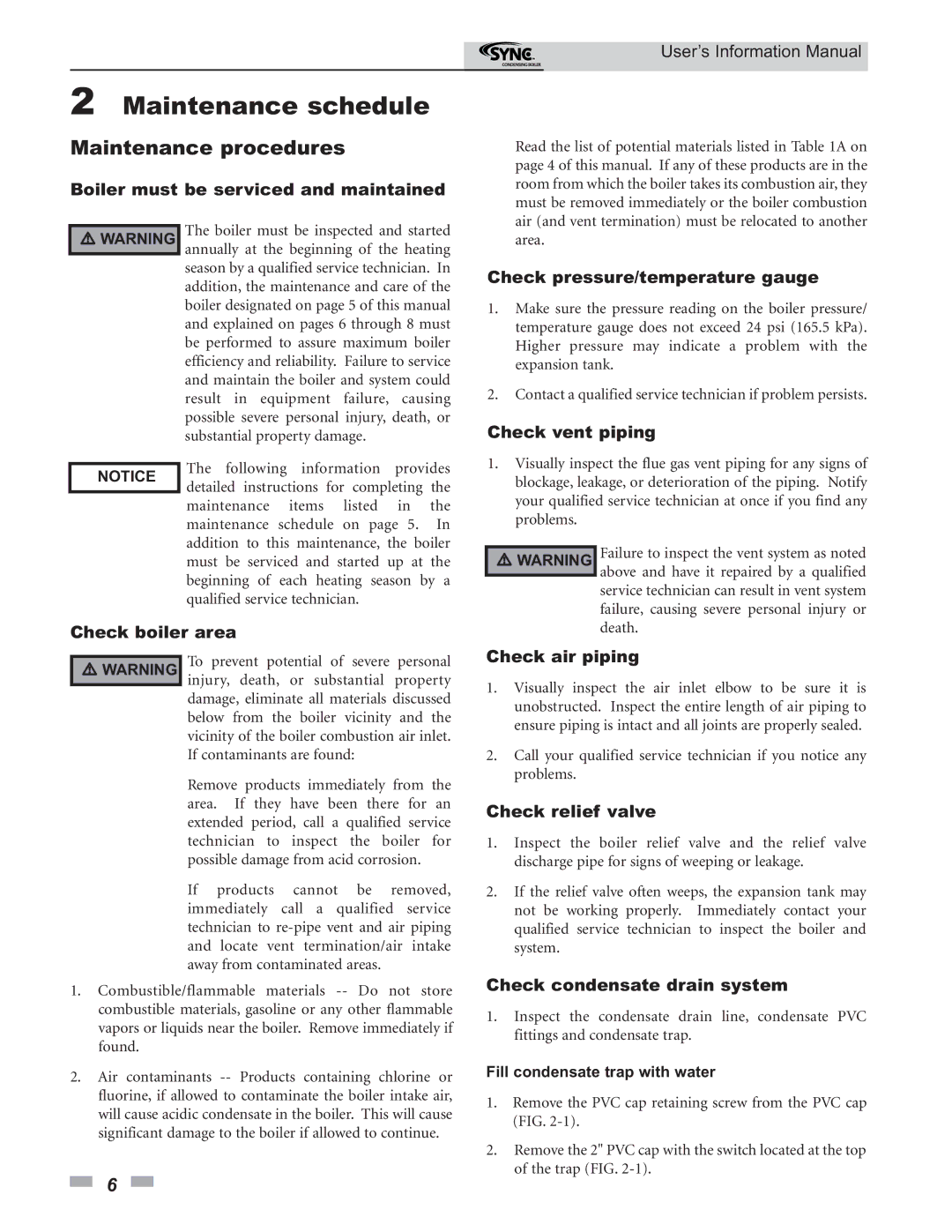 Lochinvar 1.3, 1.5 manual Maintenance schedule, Maintenance procedures 