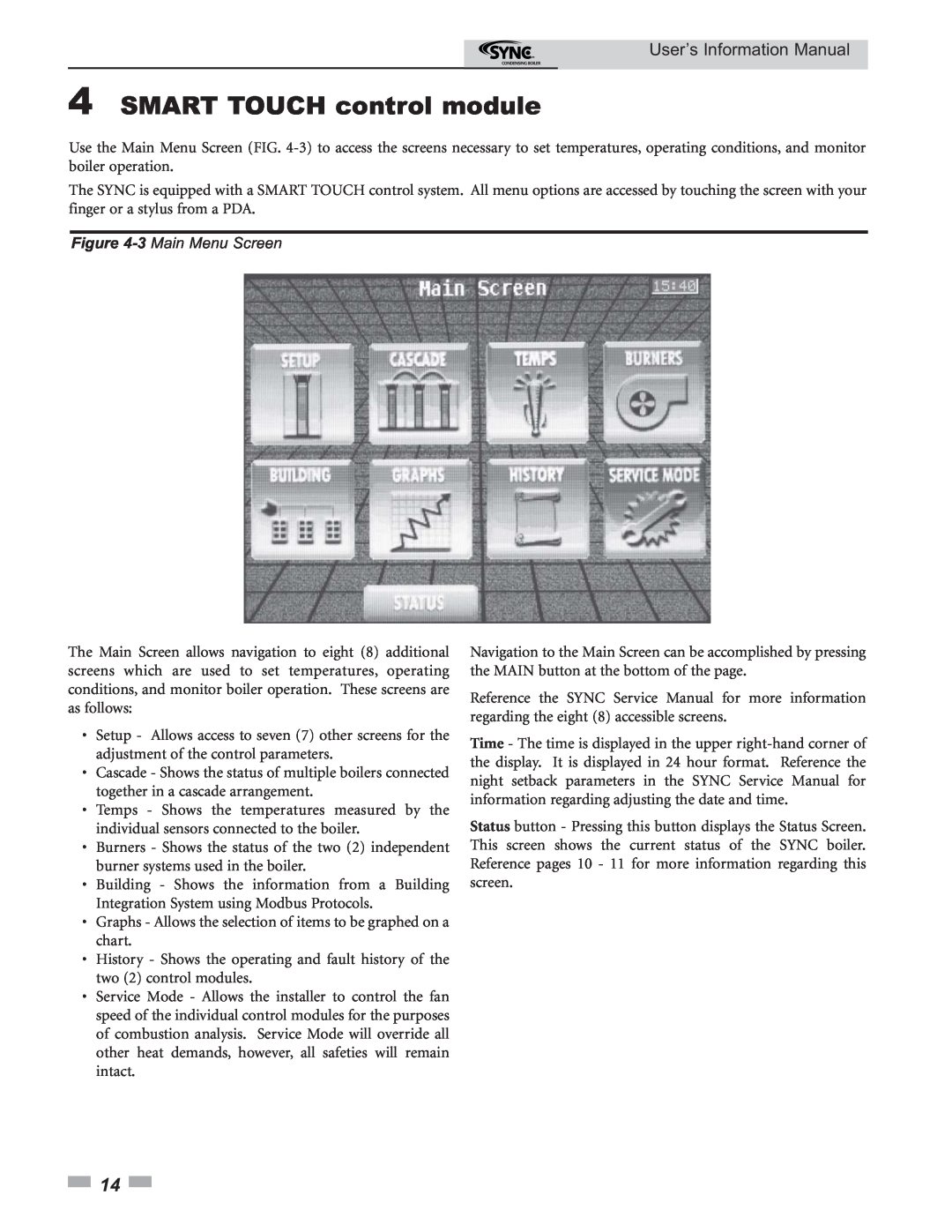 Lochinvar 1.5, 1.3 manual 4SMART TOUCH control module, User’s Information Manual, 3 Main Menu Screen 