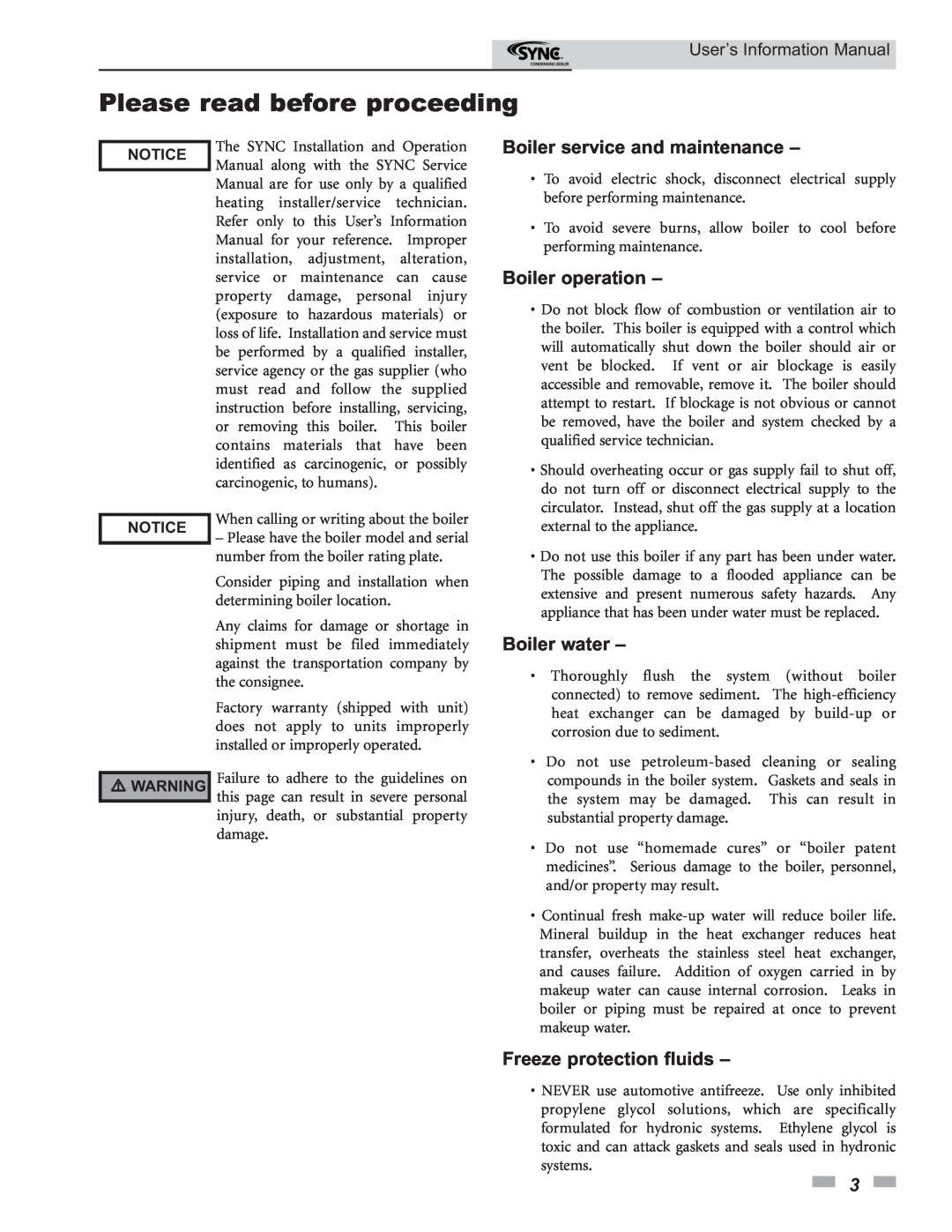 Lochinvar 1.3, 1.5 manual Please read before proceeding, Boiler service and maintenance, Boiler operation, Boiler water 