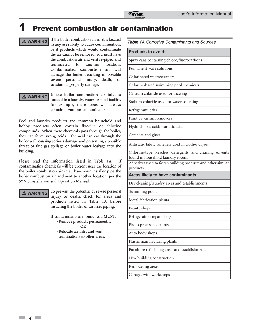 Lochinvar 1.3, 1.5 1Prevent combustion air contamination, User’s Information Manual, A Corrosive Contaminants and Sources 