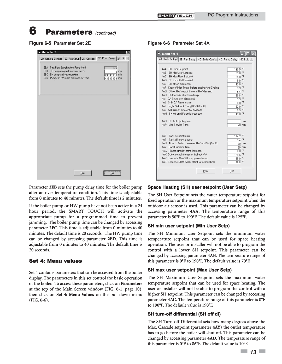 Lochinvar 1.3, 1.5 Set 4 Menu values, 5 Parameter Set 2E, 6 Parameter Set 4A, Space Heating SH user setpoint User Setp 