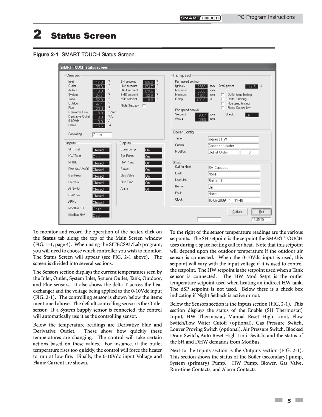 Lochinvar 1.5, 1.3 operation manual 2Status Screen, 1 SMART TOUCH Status Screen, PC Program Instructions 