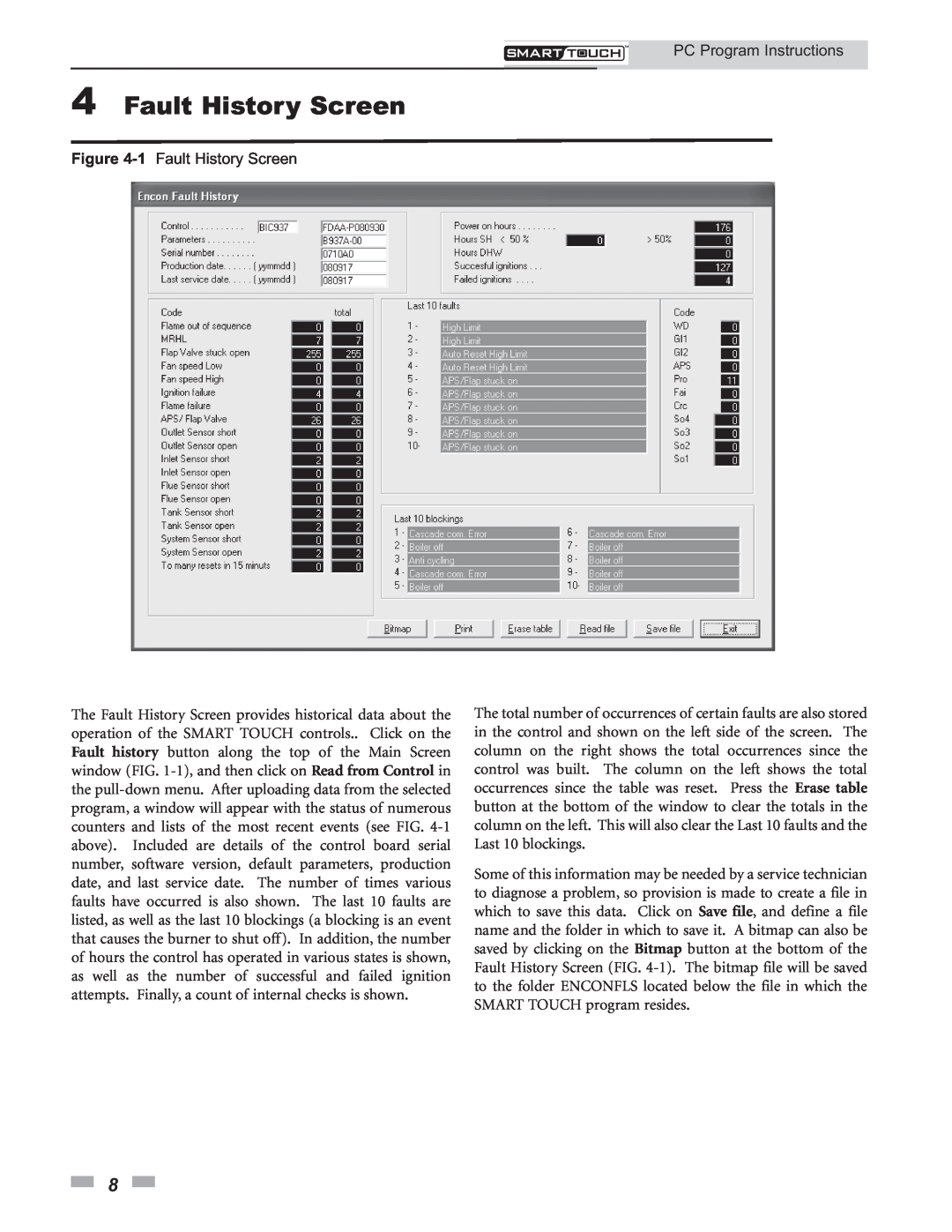 Lochinvar 1.5, 1.3 operation manual 4Fault History Screen, 1 Fault History Screen, PC Program Instructions 