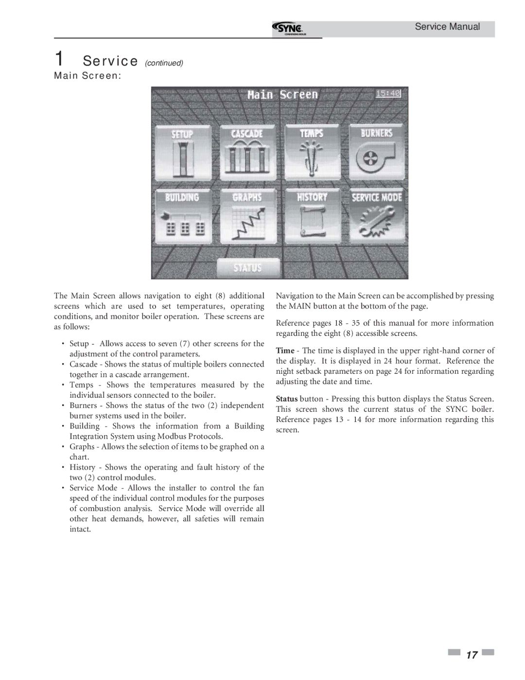 Lochinvar 1.3 service manual Main Screen 